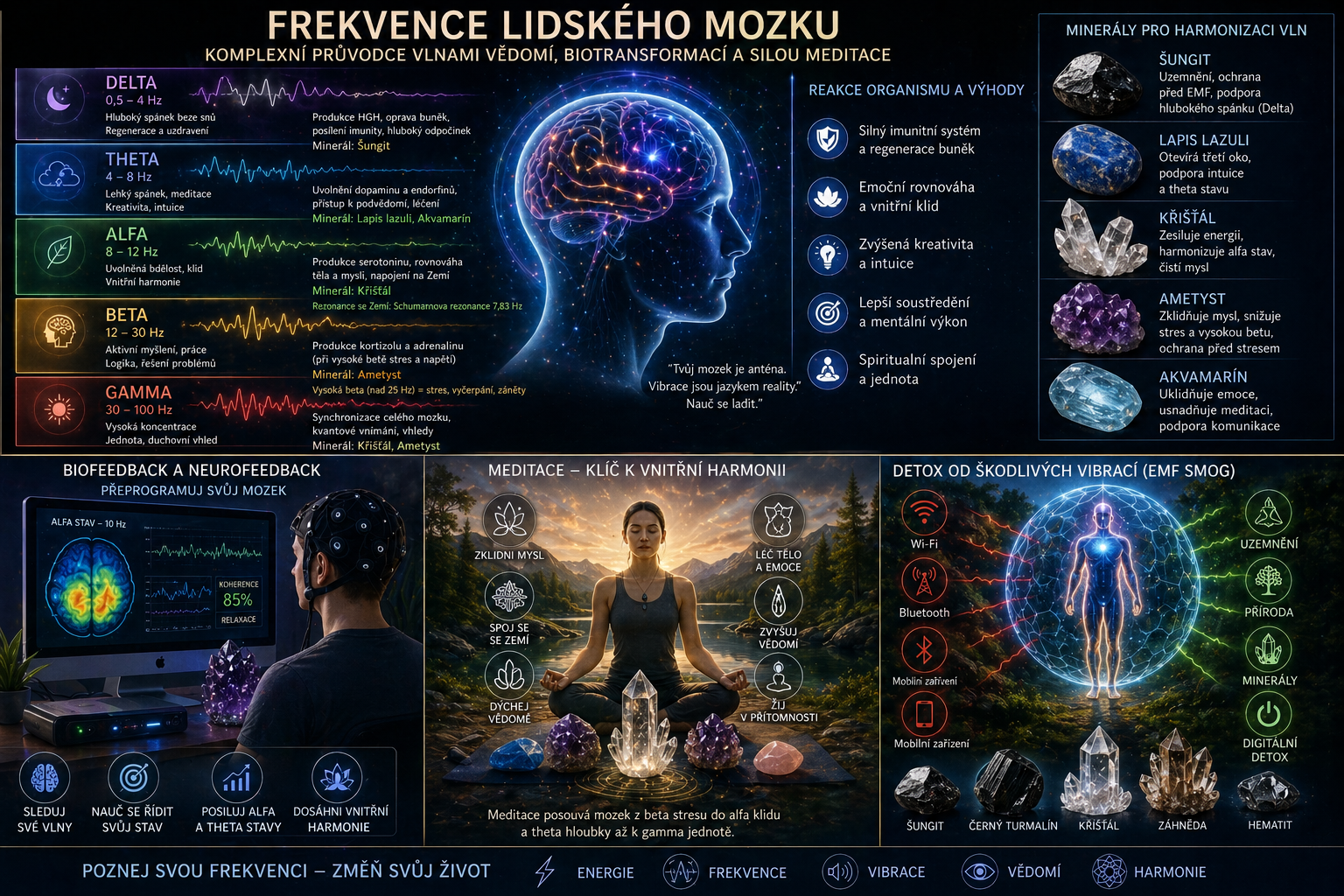 Frekvence lidského mozku: Jak mozkové vlny (Delta–Gamma) ovlivňují vědomí, zdraví a realitu
